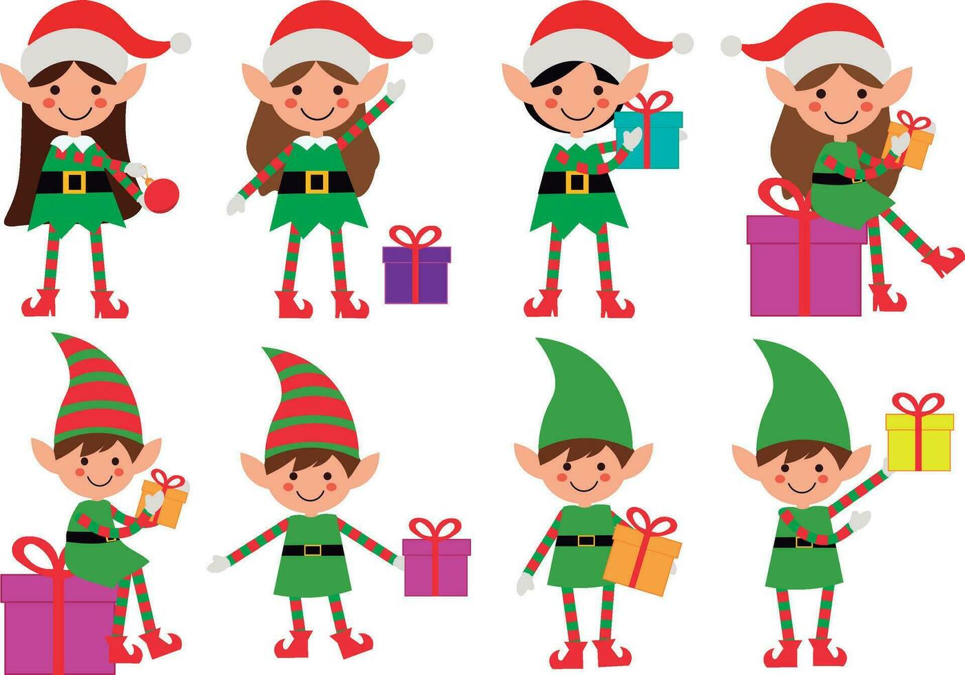 adorabile Babbo Natale elfi nel verde e rosso abiti in mostra vario pose e Tenere Natale regali e Oggetti. Perfetto per festivo vacanza disegni e decorazioni vettore