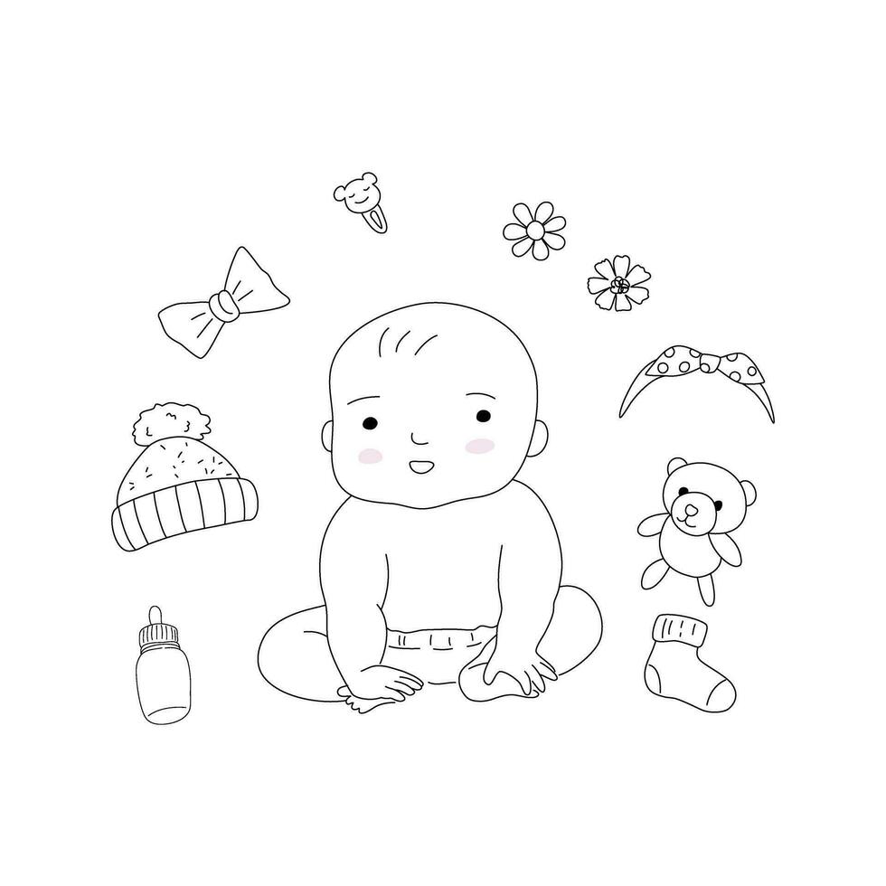 isolato di un' contento bambino bambino indossare pannolino seduta e sorridente con bambino forniture, mano disegnato schema vettore. vettore