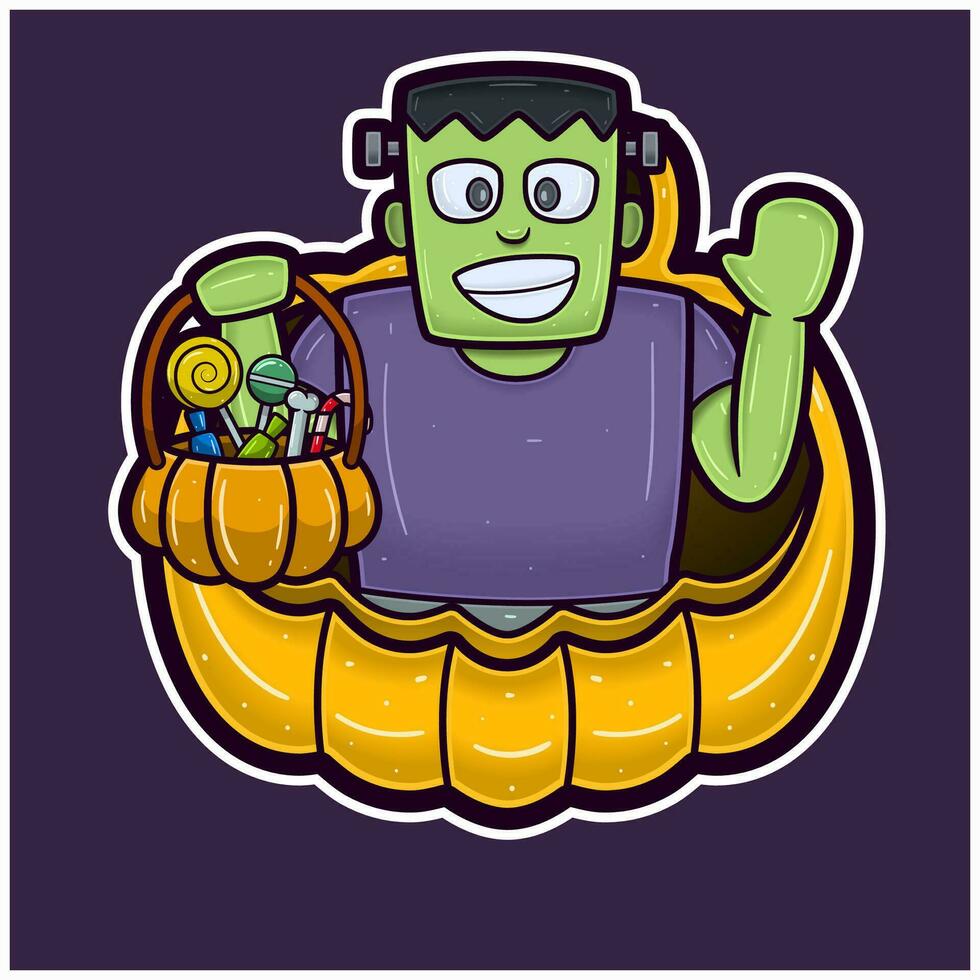 verde zombie su grande zucca cartone animato. Halloween etichetta logo. vettore