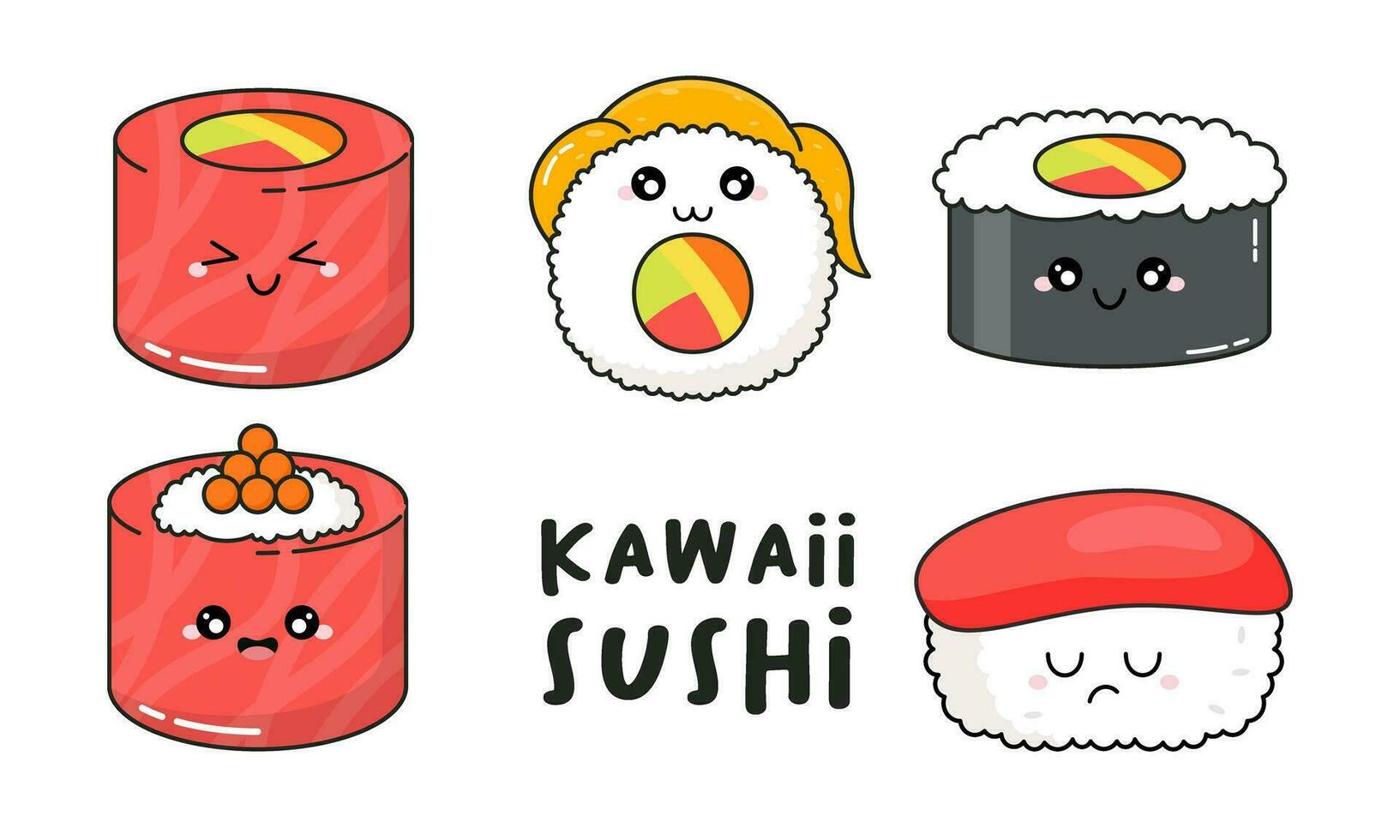 mano disegnato vario carino kawaii Sushi, rotoli, sashimi personaggio giapponese Alimenti illustrazione vettore