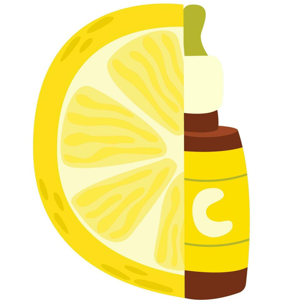 un' bottiglia di siero con vitamina c e un' fetta di Limone. facciale cosmetico e rimedi vettore