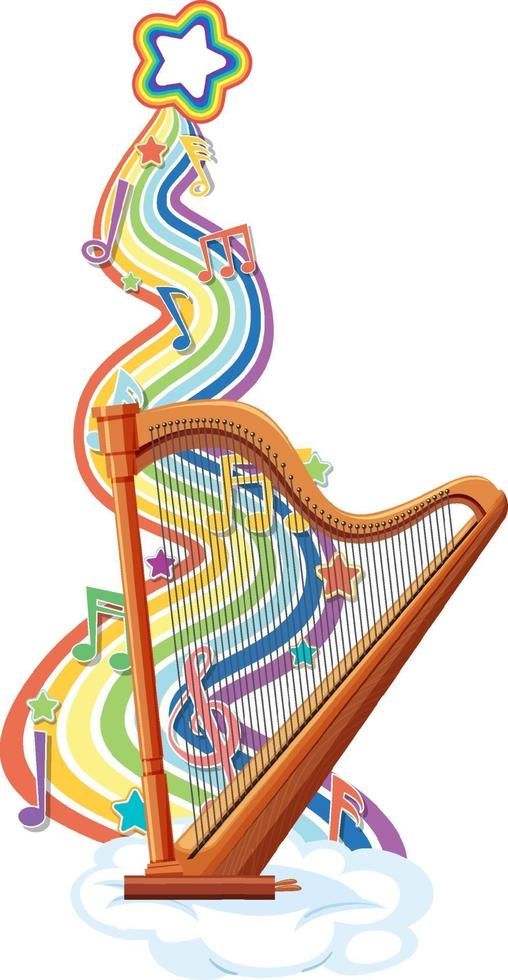 arpa con simboli di melodia su onda arcobaleno vettore