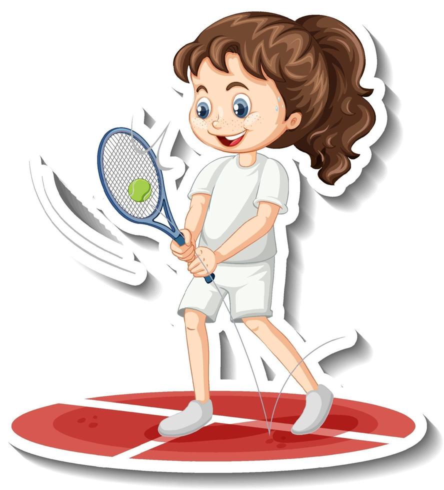 adesivo personaggio dei cartoni animati con una ragazza che gioca a tennis vettore