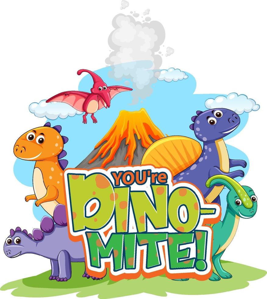simpatico personaggio dei cartoni animati di dinosauri con il tuo banner di carattere dino-mite vettore