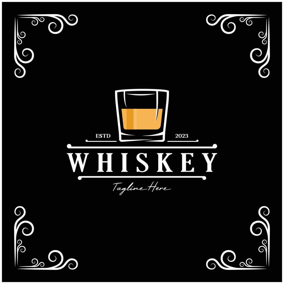 Vintage ▾ premio whisky logo etichetta con bicchiere o birra. per bevande, barre, club, caffè, aziende. vettore