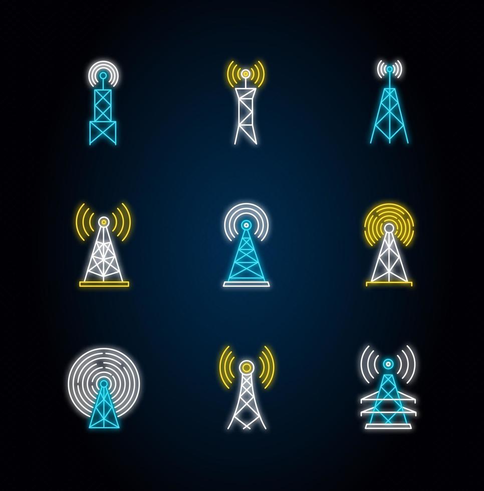 Set di icone di luce al neon per antenne e torri cellulari 5g vettore