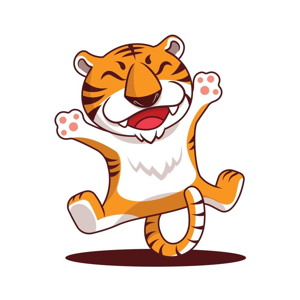 tigre felice del fumetto che salta fuori con la mano e la gamba stese vettore
