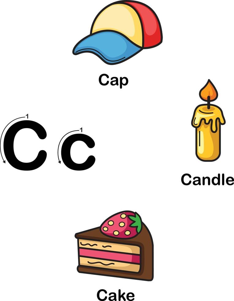 lettera dell'alfabeto c-cap, candela, illustrazione di torta vettore
