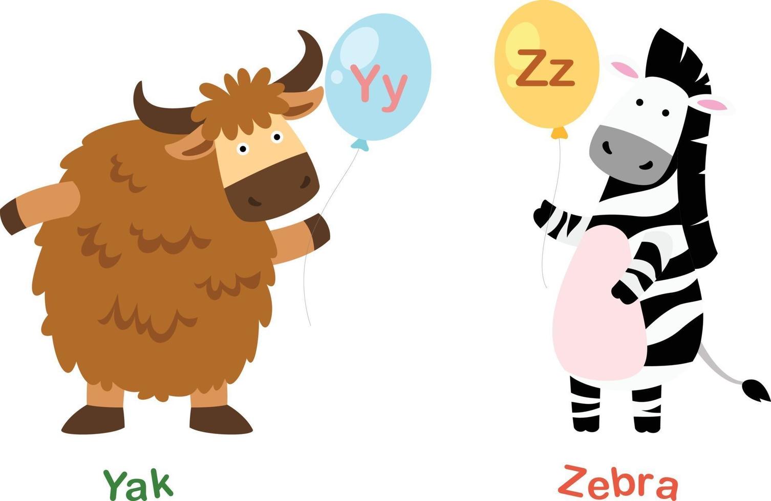 illustrazione isolato alfabeto lettera y-yak,z-zebra vettore