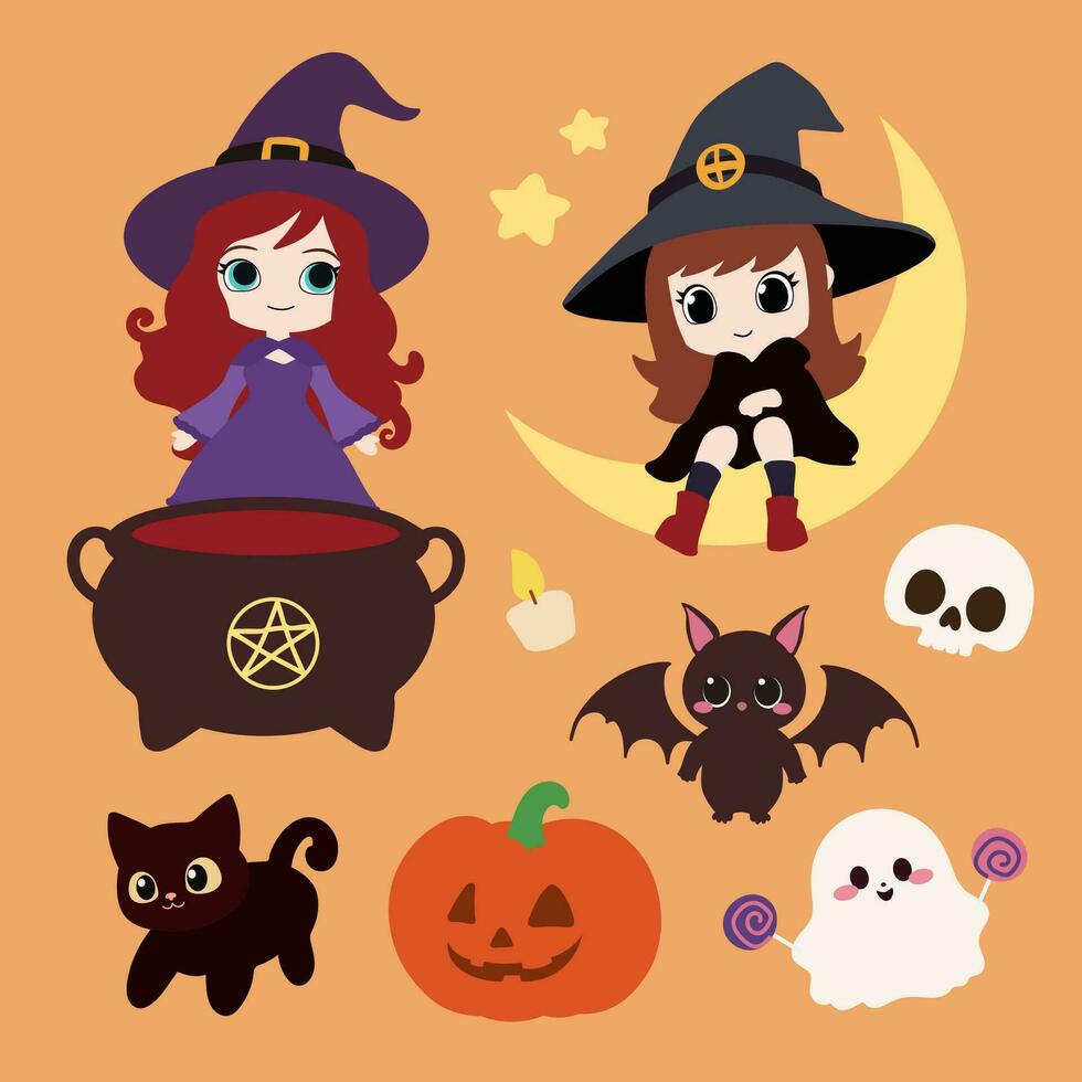 Halloween, carino strega set.cute e divertente Halloween illustrazioni impostare. vettore