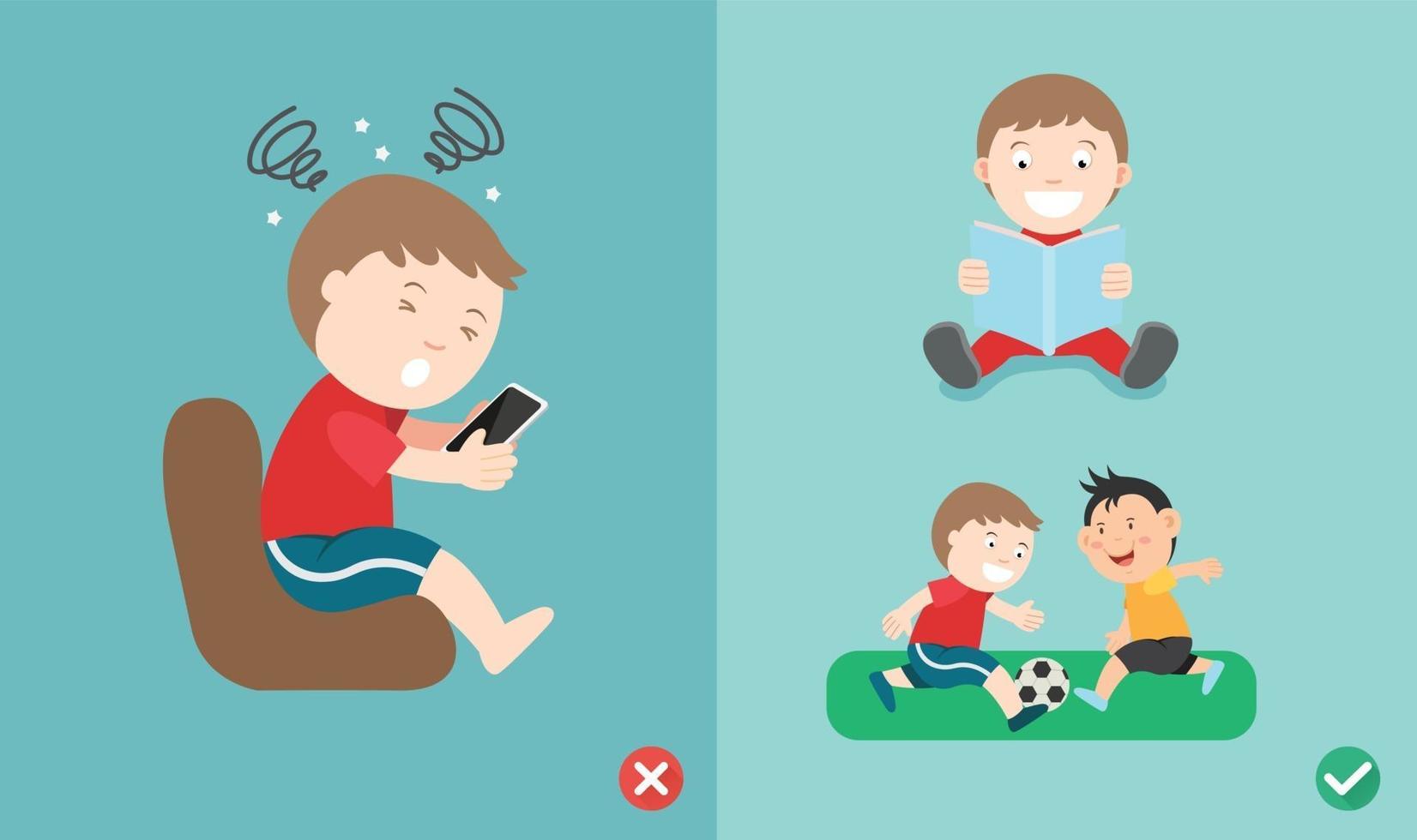 modo sbagliato e giusto per i bambini smetti di usare il vettore dell'illustrazione dello smartphone smartphone