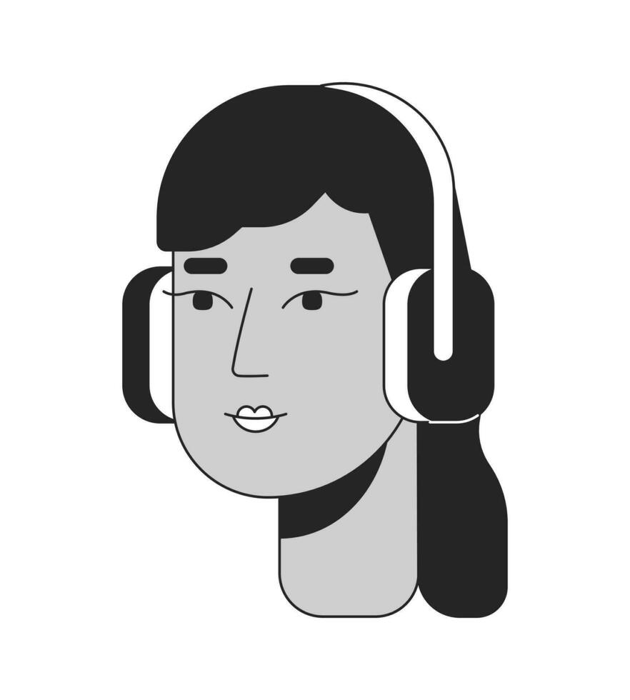 moderno indiano ragazza indossare cuffie nero e bianca 2d linea cartone animato personaggio testa. giovane donna ascoltando per musica isolato vettore schema persona viso. alunno monocromatico piatto individuare illustrazione