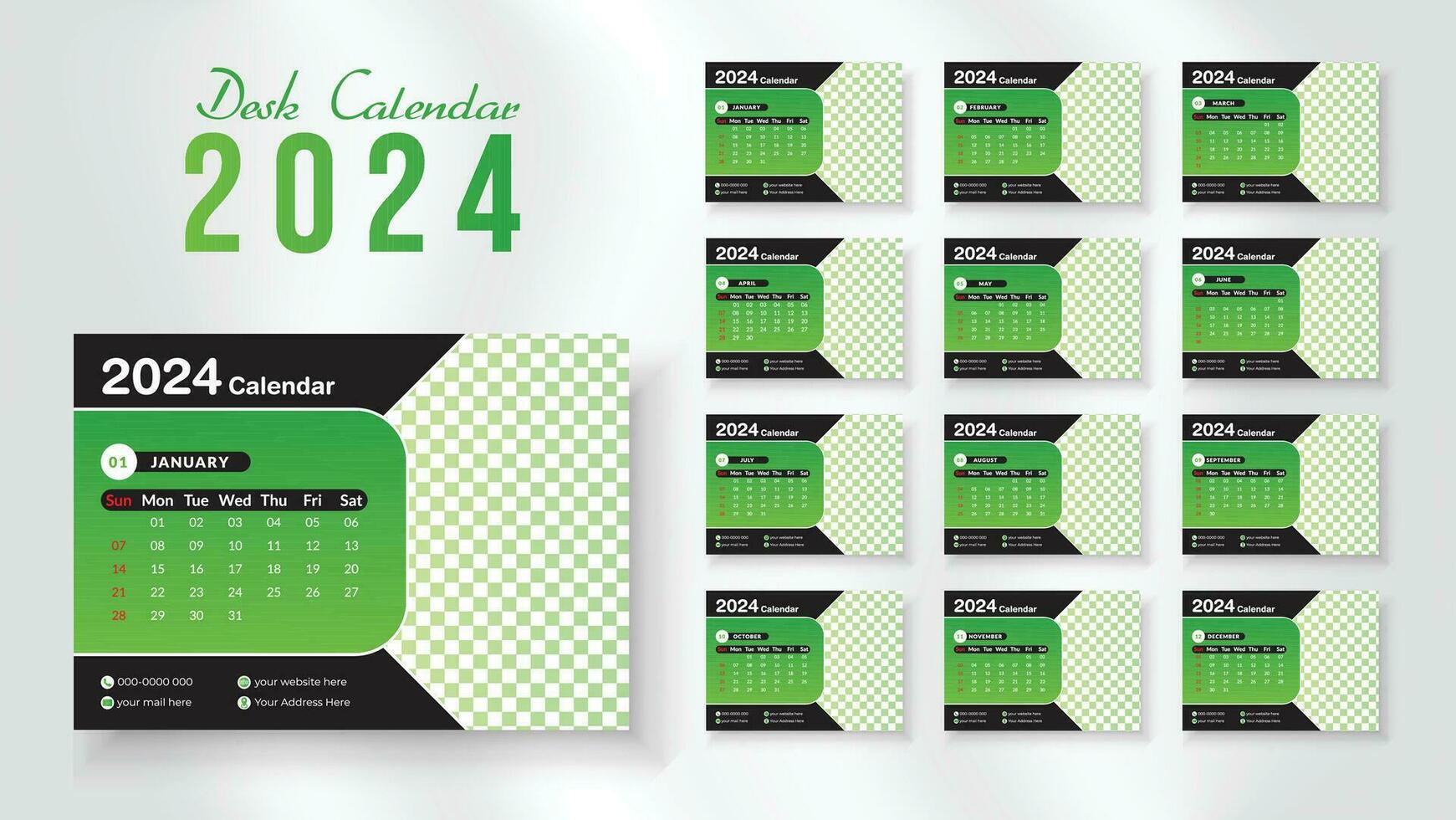 2024 nuovo anno scrivania calendario design modello, moderno e nipque disposizione scrivania calendario impostato di 12 mese. settimana inizia su domenica. vettore