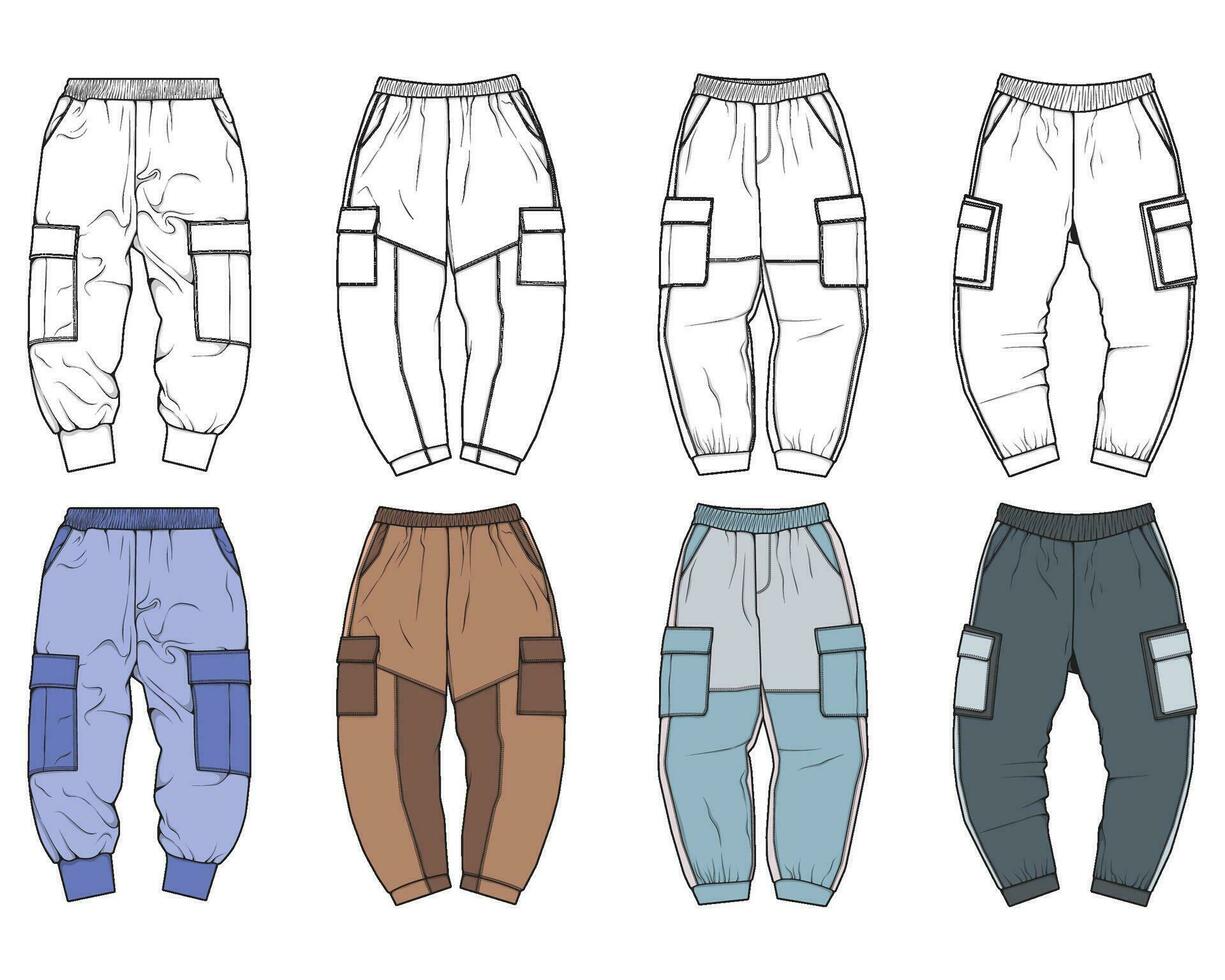 carico pantaloni colorato moda mano disegno tecnico modello. carico tasca moda modello per addestramento. vettore