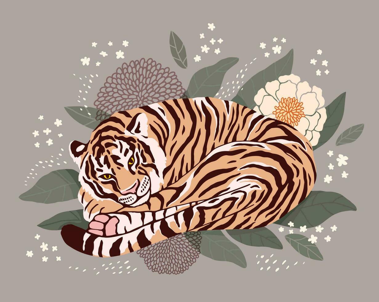 il tigre bugie arricciato su tra il le foglie e fiori. bellissimo moderno vettore illustrazione per cartolina, striscione, manifesto, libro o qualunque design. isolato di strati.