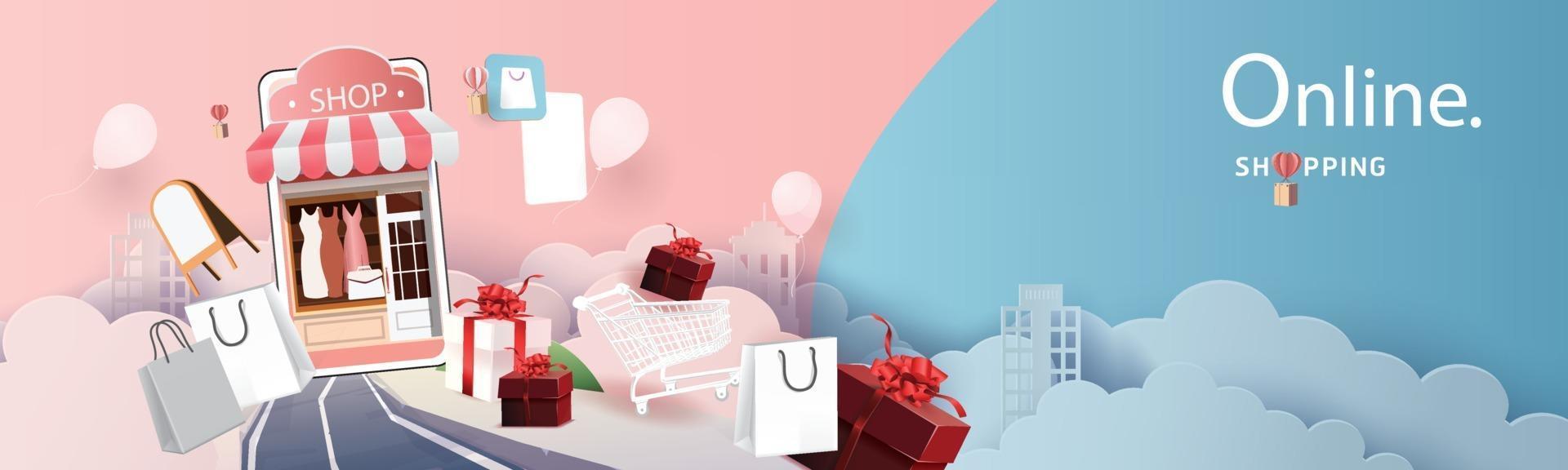 shopping online sul telefono carta arte moderna scatola regalo sfondo rosa vettore