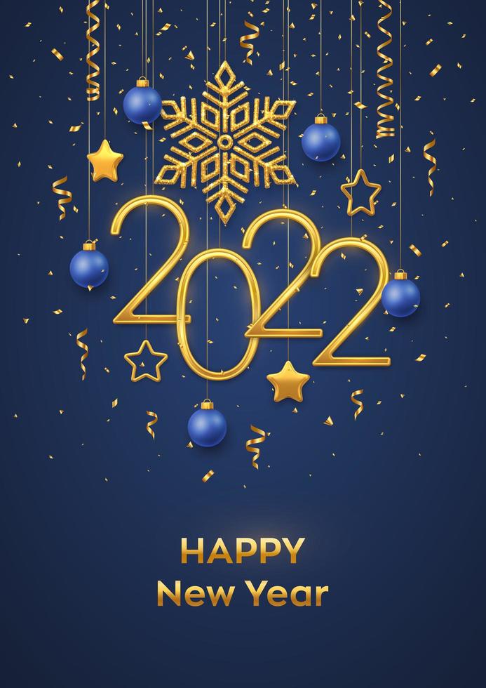 felice nuovo anno 2022. appendere numeri metallici dorati 2022 vettore