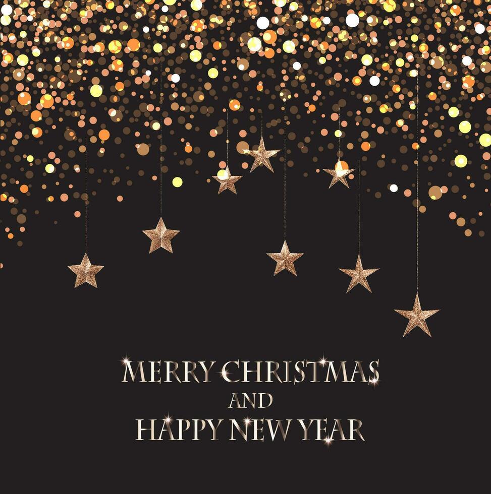 Natale e nuovo anno nero sfondo saluto carta con oro stelle e bokeh vettore