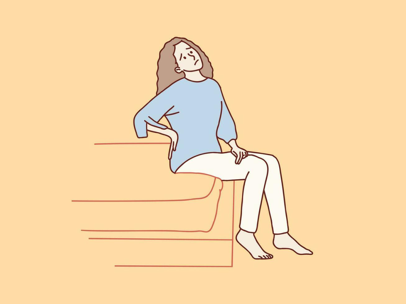 in piedi donna femmina mani toccante indietro dolore mal di schiena lato di letto semplice coreano stile illustrazione vettore