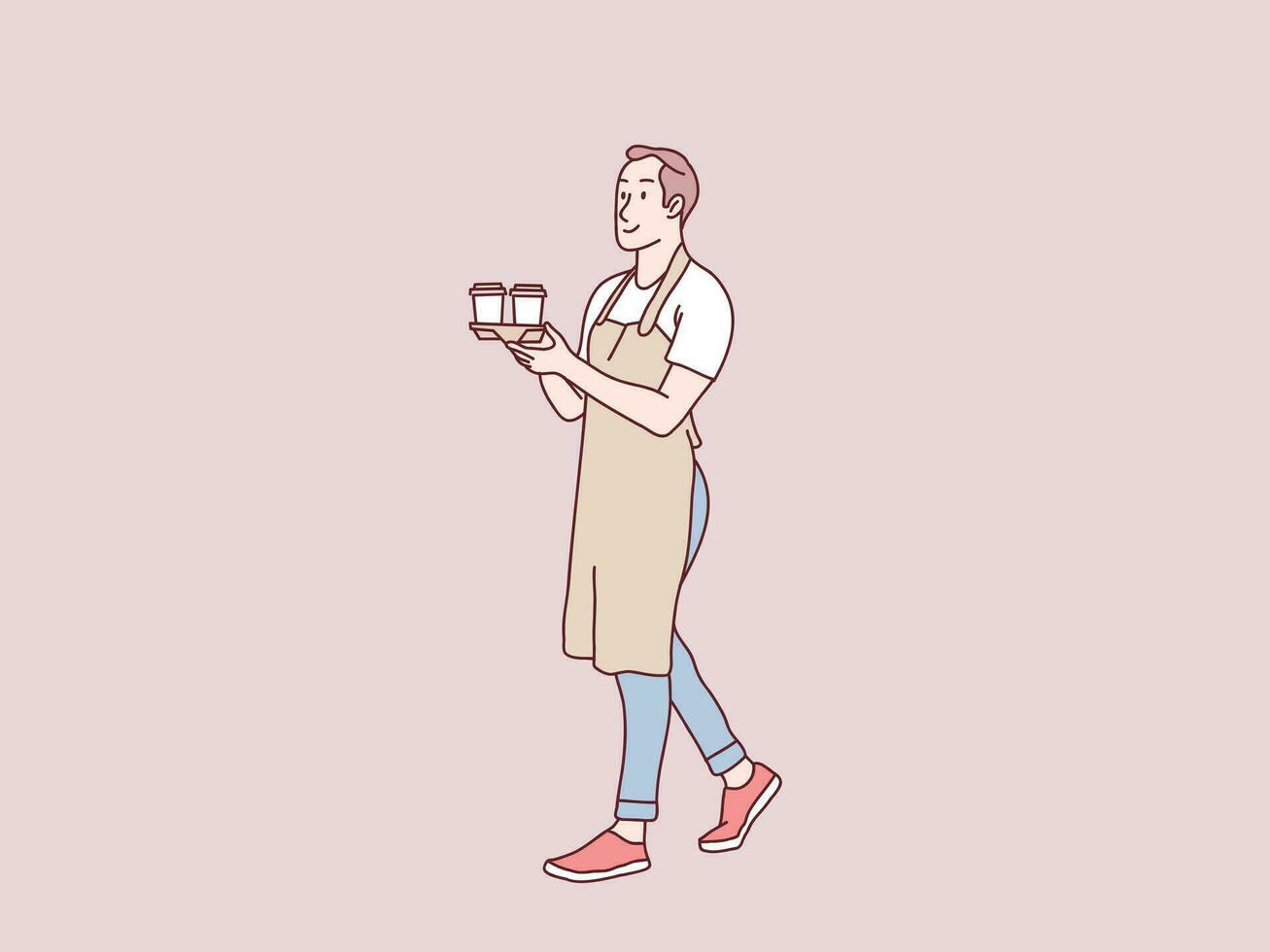 uomo cameriera a piedi servendo ordine caffè per cliente semplice coreano stile illustrazione vettore