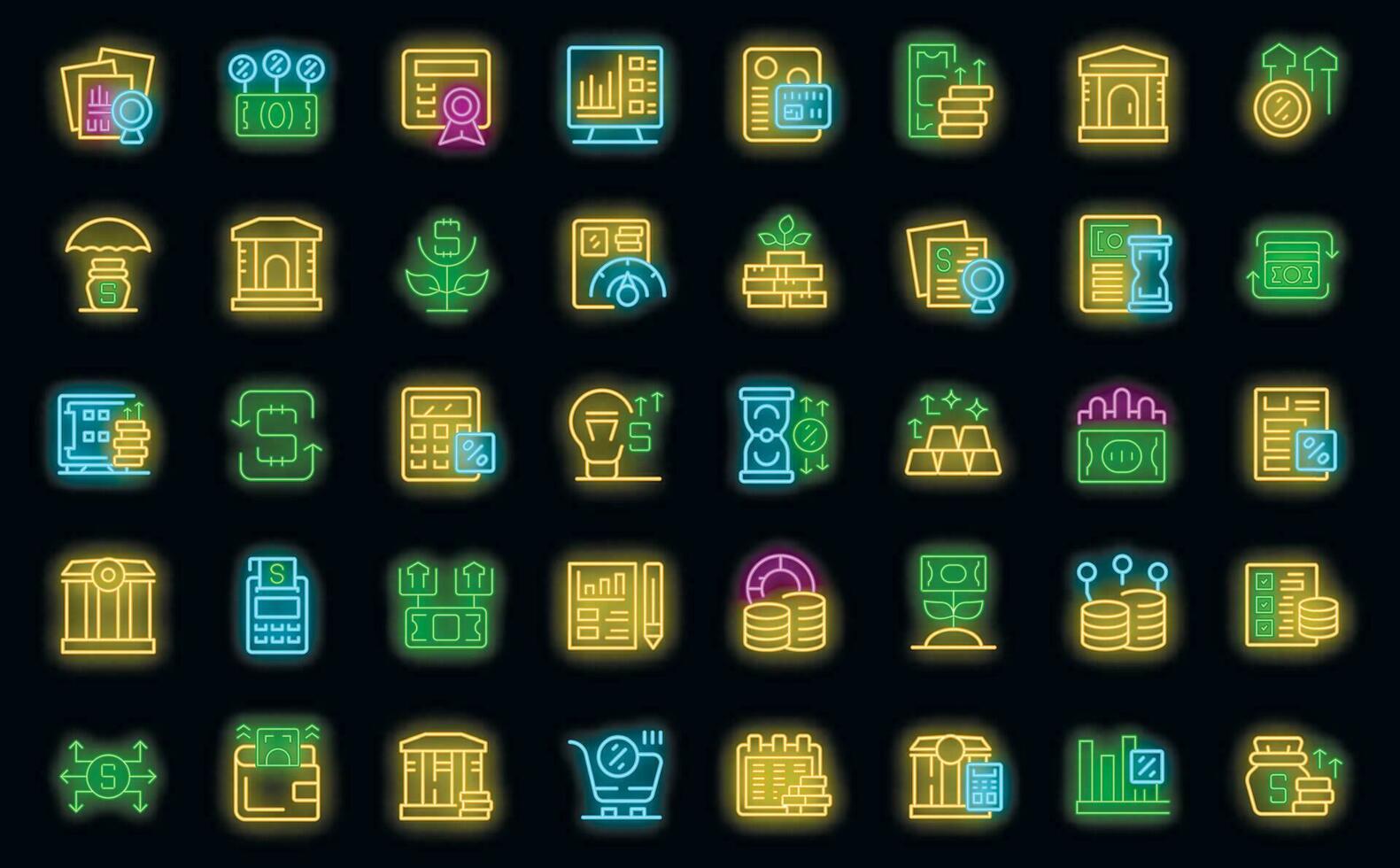 investimento bancario icone impostato vettore neon