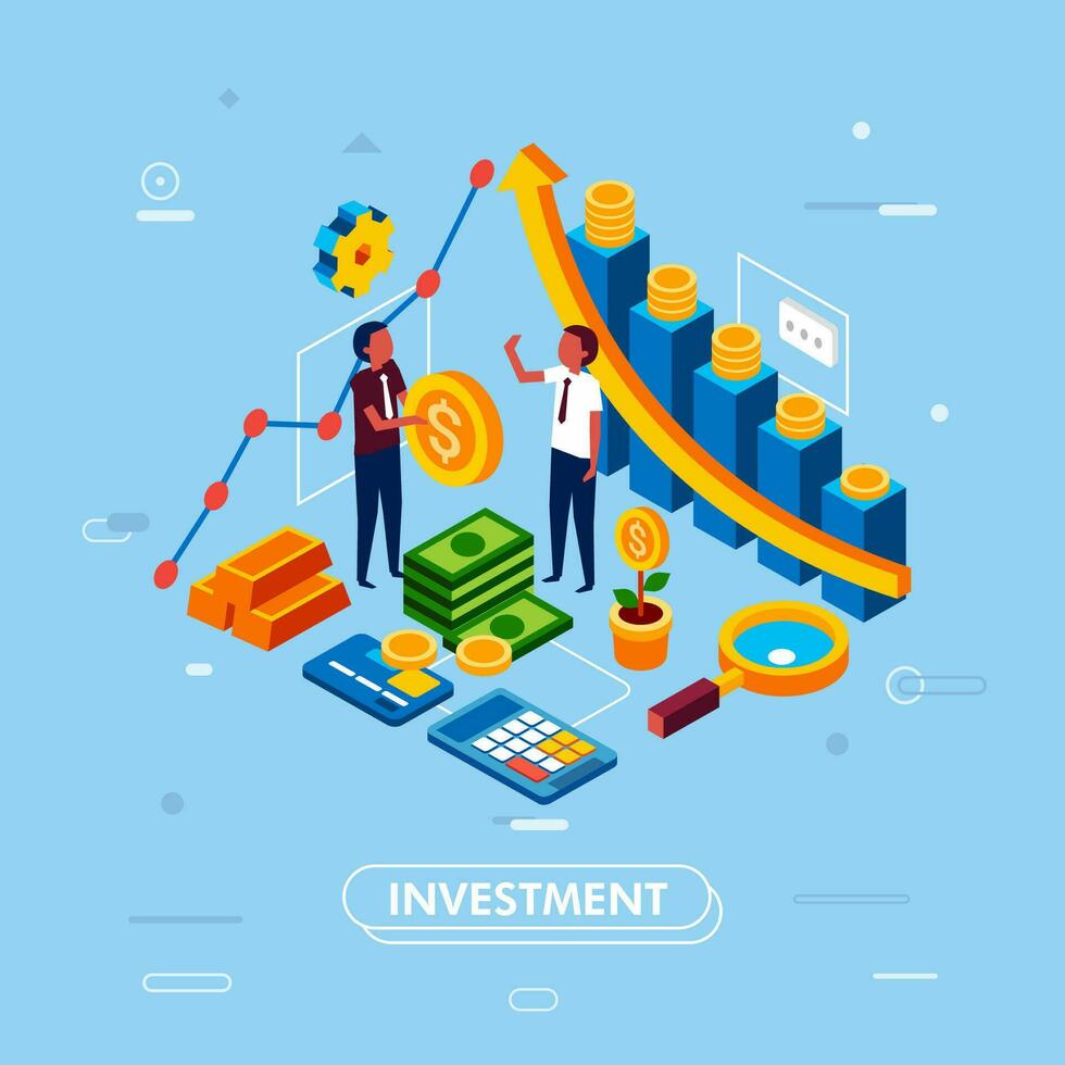 isometrico illustrazione di inteligente investimento, finanza e bancario con infografica, diagramma e persone personaggio vettore