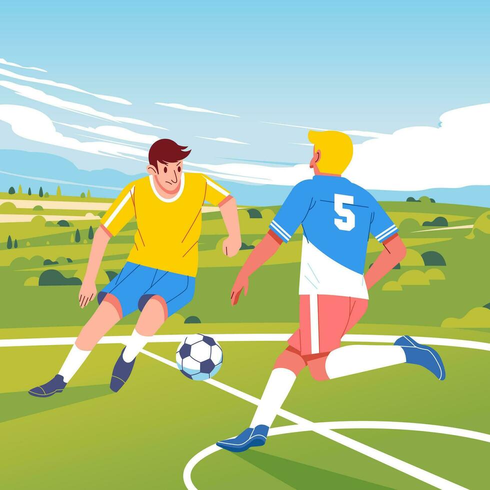 azione calcio Giocatori combattente per il palla su il campo con verde colline e cielo sfondo, piatto vettore illustrazione