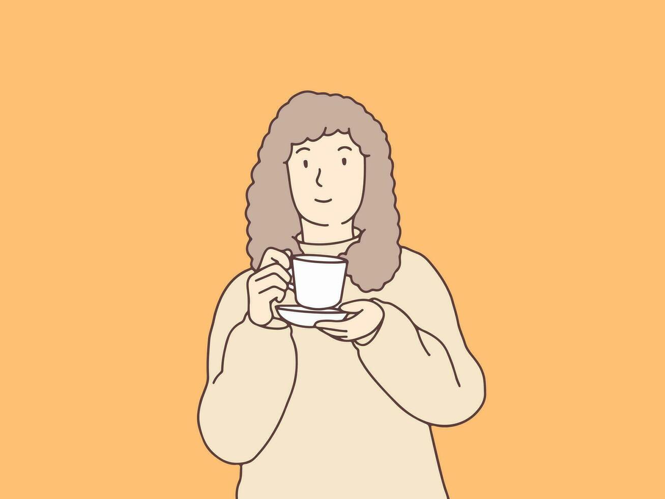 rilassare Riccio donna godendo un' tazza di tè semplice coreano stile illustrazione vettore