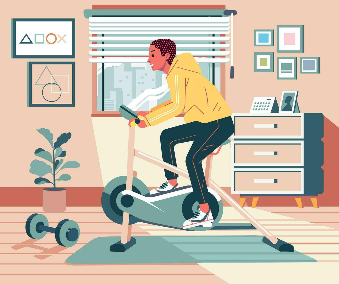 giovane uomo fare routine esercizio a casa utilizzando statico bicicletta con appartamento design interno come sfondo vettore