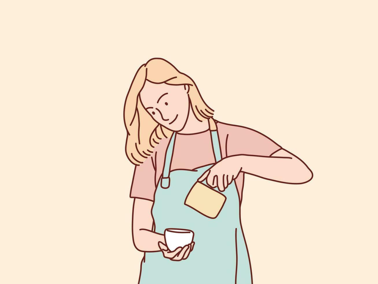 sorridente barista donna servendo caffè versare milkin un' caffè tazza semplice coreano stile illustrazione vettore