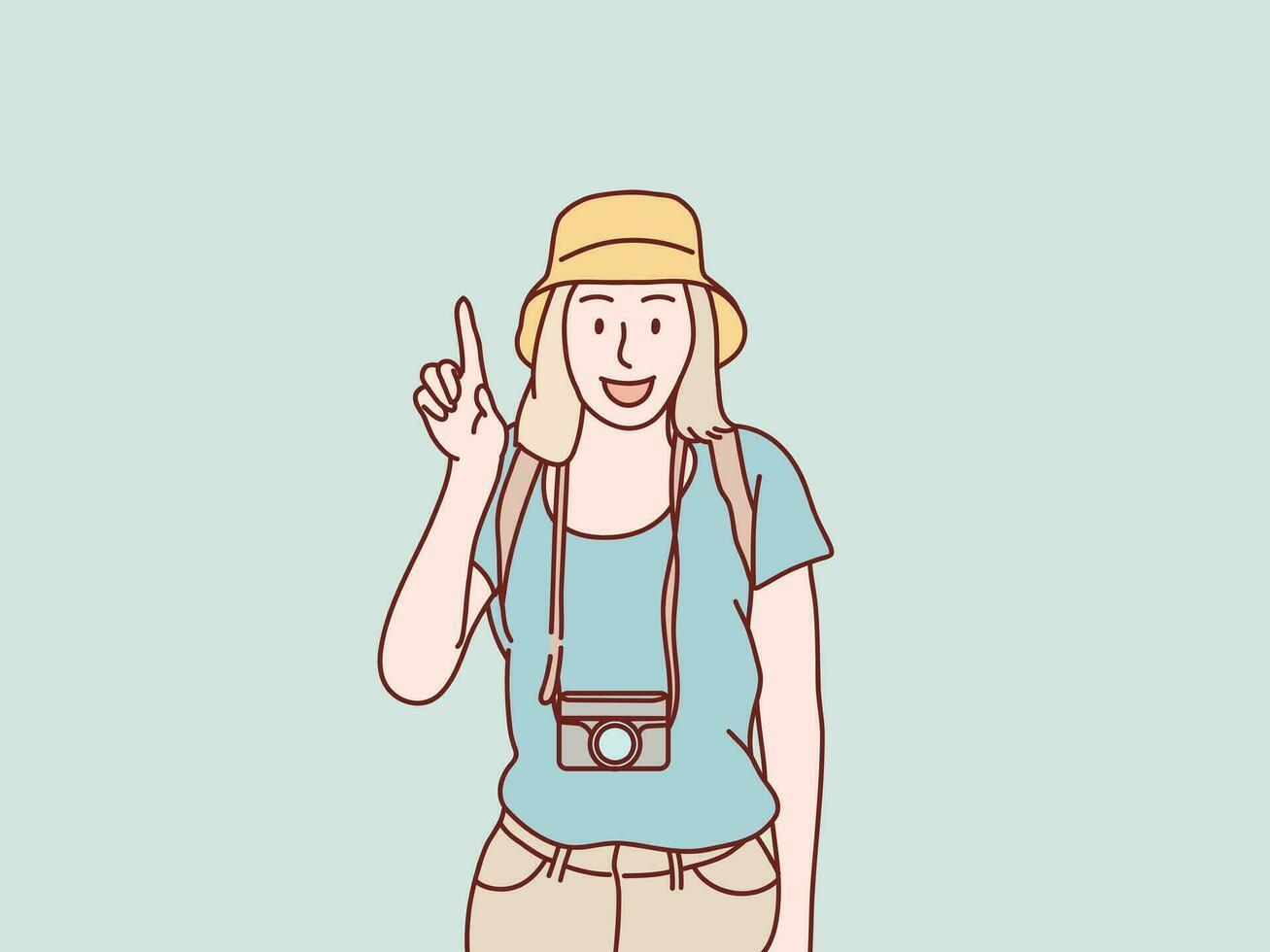 viaggiatore turista donna nel casuale Abiti cappello telecamera su collo con cappello semplice coreano stile illustrazione vettore