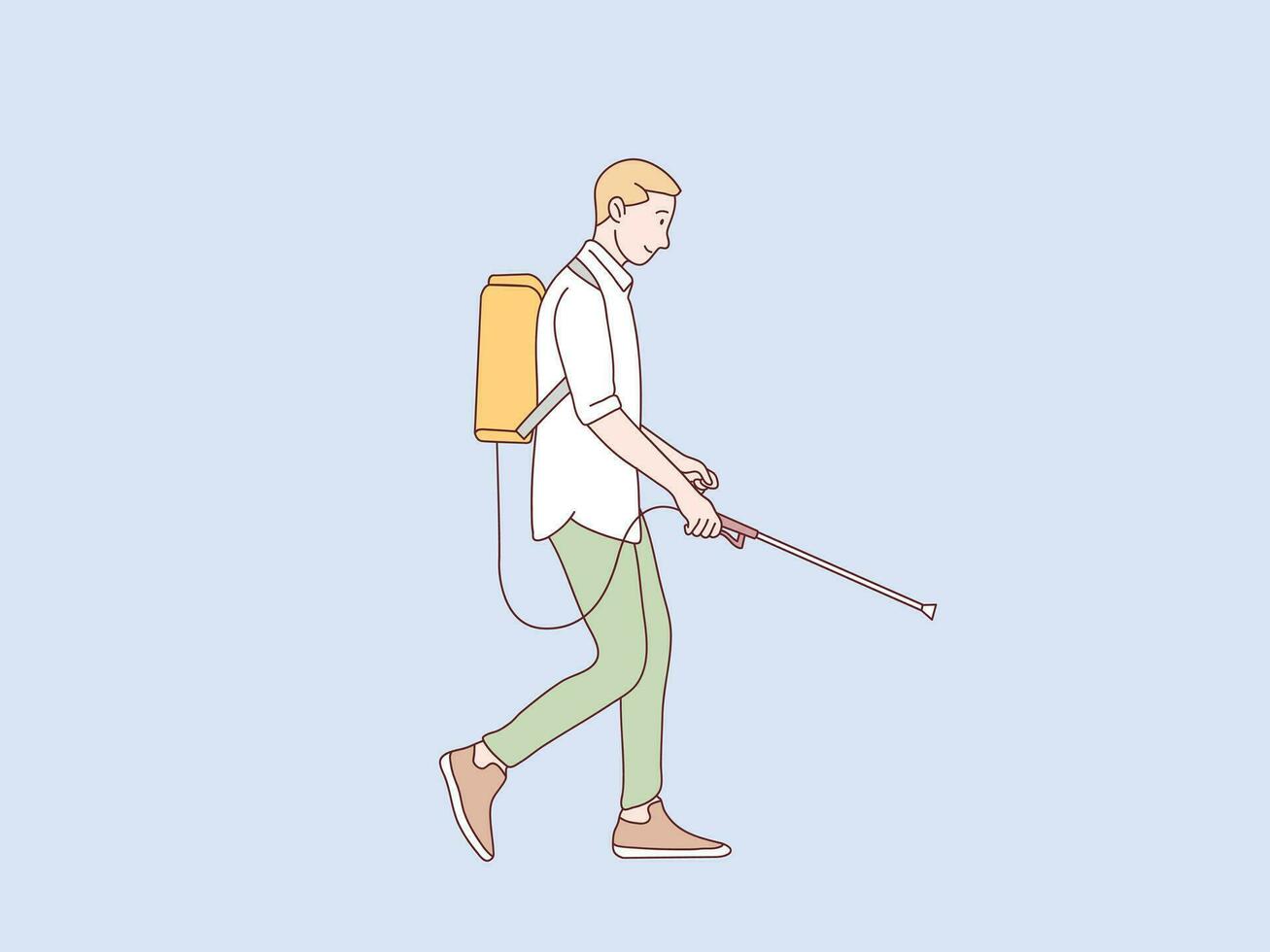 uomo a piedi e spruzzatura un' disinfettante disinfettante semplice coreano stile illustrazione vettore