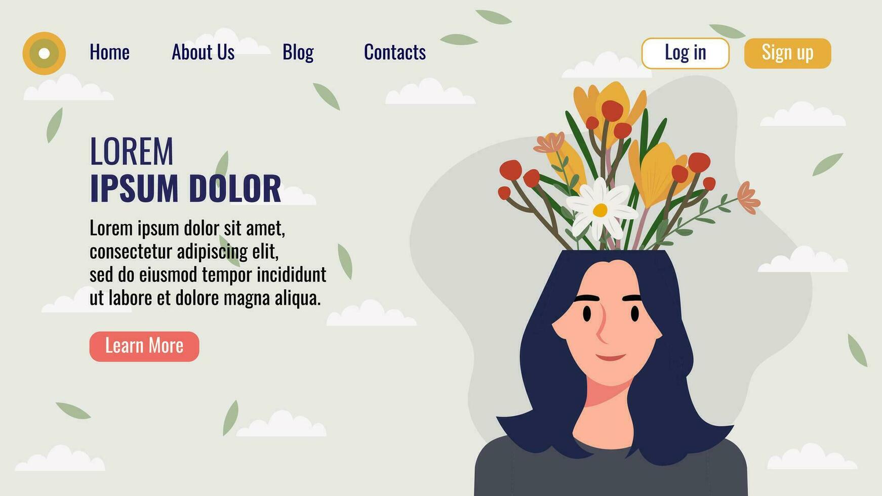 piatto design sito web atterraggio pagina modello con un' ritratto di un' donna con un' mazzo di fiori. mentale Salute concetto. vettore illustrazione.