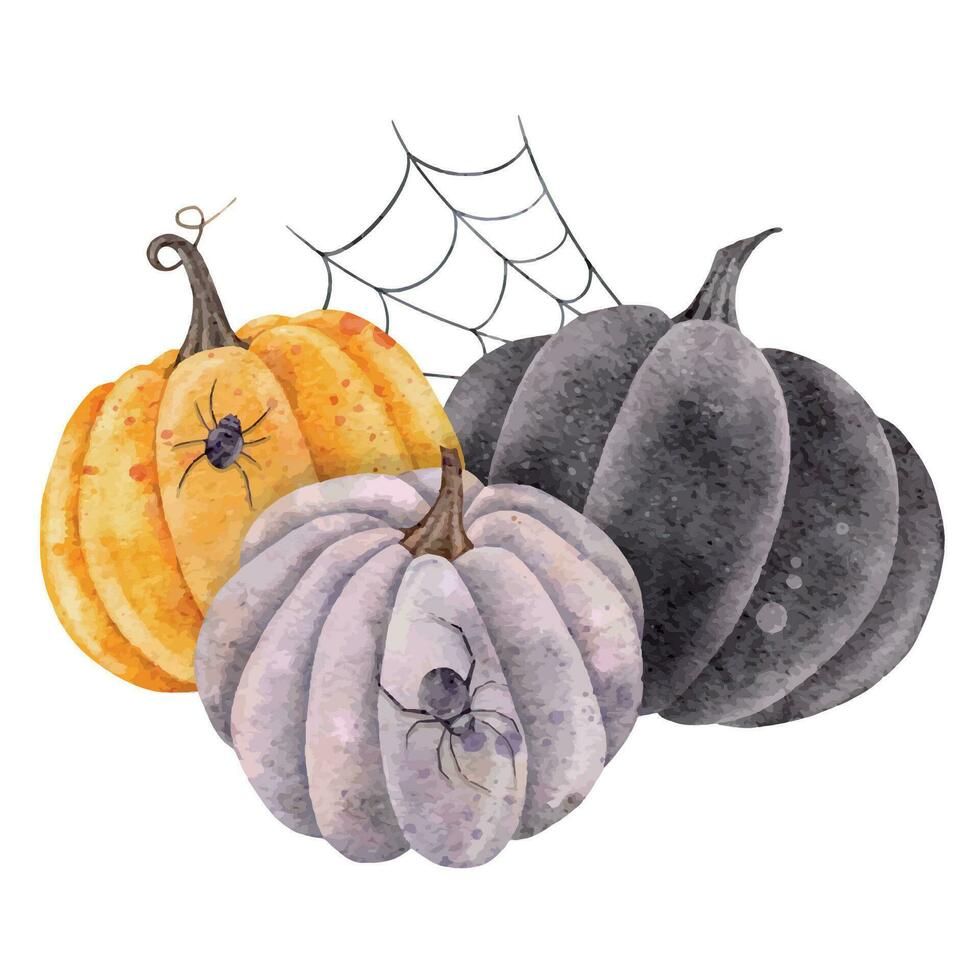 Halloween zucca con ragno e ragno ragnatela. acquerello raccogliere illustrazione, Halloween vacanza mano disegnato illustrazione. simbolo di orrore per adesivi, vacanze disegno, manifesti, inviti vettore