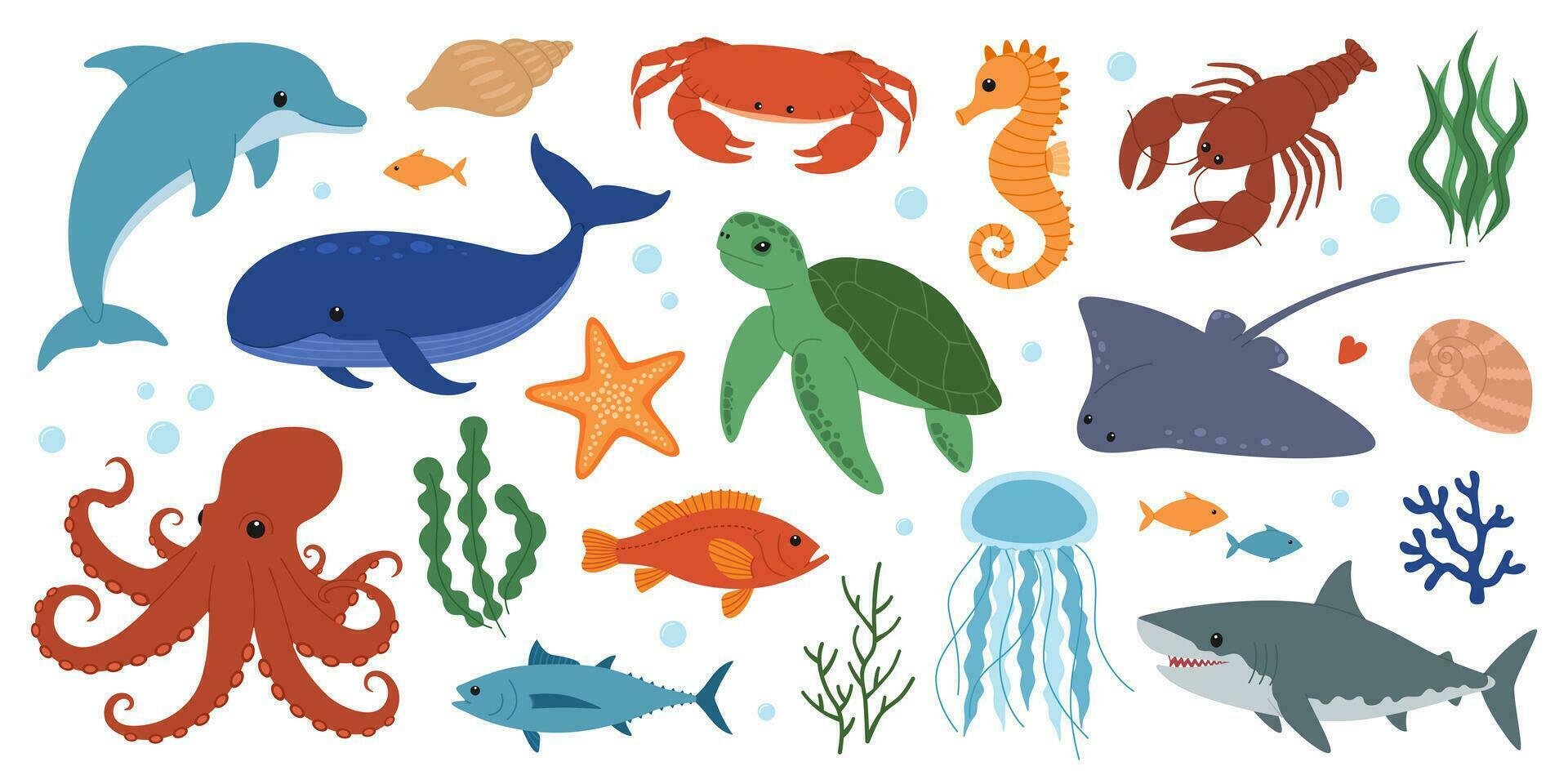 impostato di mare e oceano animali. carino delfino, balena, granchio, cavalluccio marino, stella marina, aragosta, tartaruga, razza, polpo, squalo, Medusa e pesce. selvaggio marino creature. subacqueo vita. vettore illustrazione