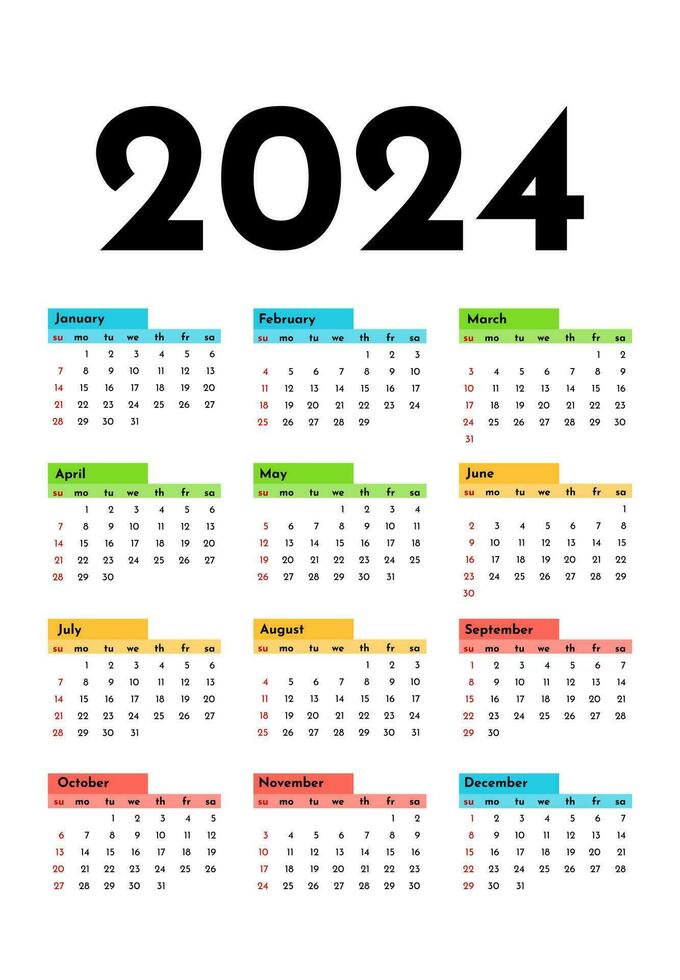 calendario per 2024 isolato su un' bianca sfondo. Domenica per lunedì, attività commerciale modello. vettore illustrazione