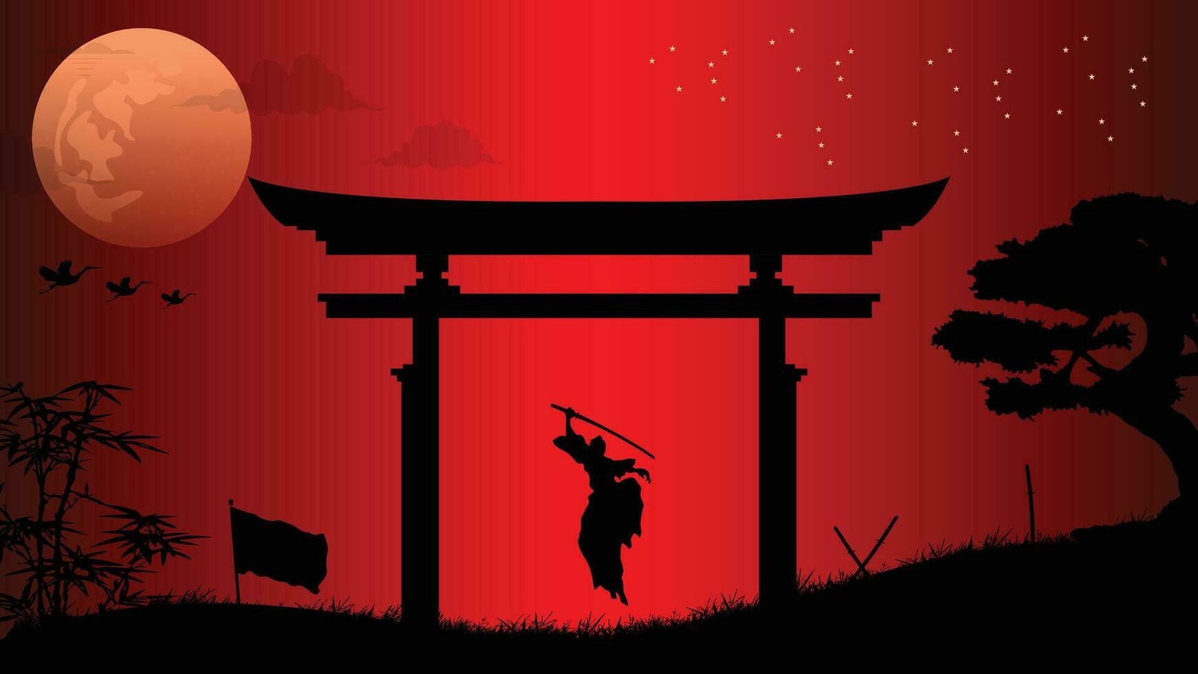illustrazione vettore grafico di ninja, assassino, samurai formazione a notte su un' pieno Luna. Perfetto per sfondo, manifesto, eccetera.