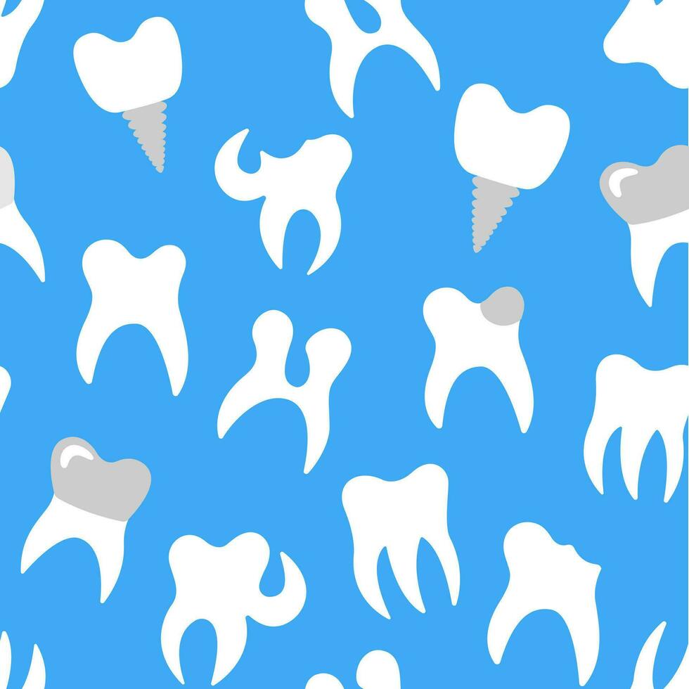 orale igiene concetto. senza soluzione di continuità modello con denti su blu sfondo. dentale vettore Stampa. concetto per bambino odontoiatria. denti pulizia e prevenzione. dentale cura e trattamento