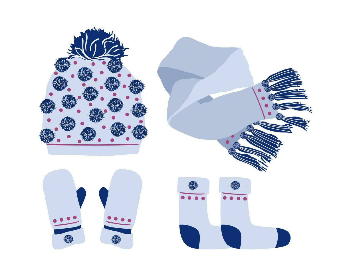 impostato di inverno Accessori a maglia cappello sciarpa guanti calzini leggero blu. azione vettore piatto illustrazione isolato su bianca