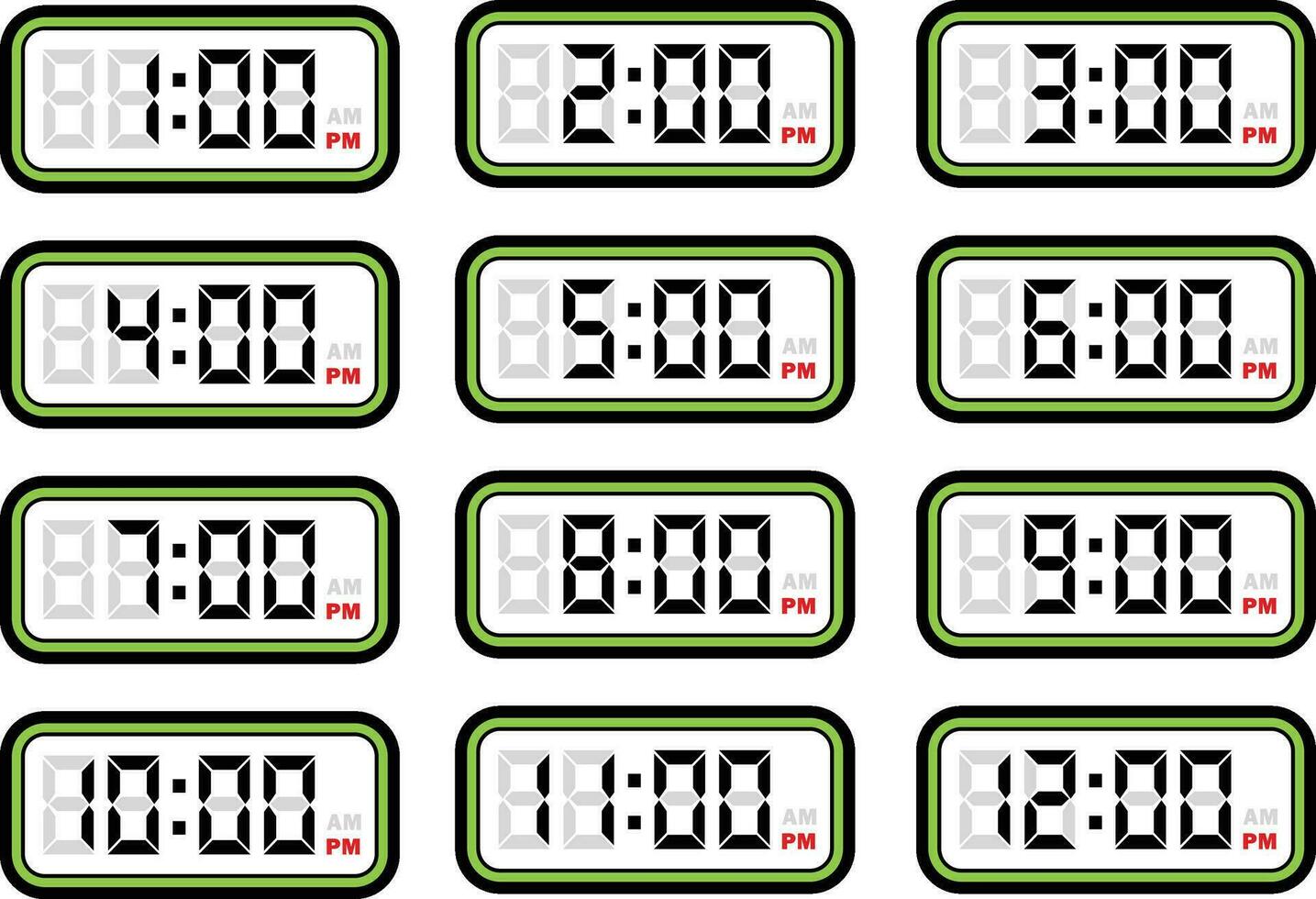 digitale orologio tempo piatto vettore impostato con 12 ore formato, digitale numero illustrazione