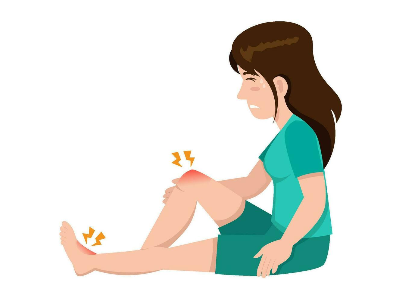 giovane donna sofferenza a partire dal ginocchio dolore, Tenere sua ginocchio nel dolore, rigonfiamento, seduta su il pavimento, ginocchio muscolo lesione, contorto ginocchio, isolato su bianca, Salute cura, ortopedico malattia vettore