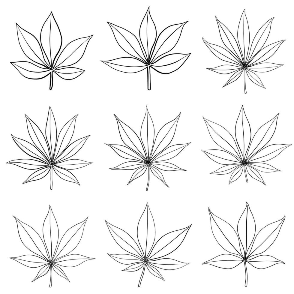 semplicità foglia di cannabis disegno a mano libera collezione di design piatto. vettore