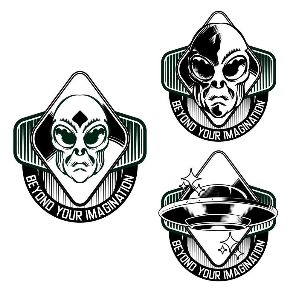 impostare l'illustrazione dell'emblema del distintivo alieno head vettore
