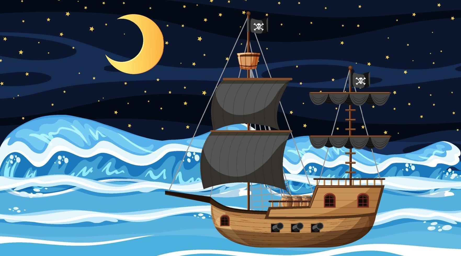 oceano con nave pirata di scena notturna in stile cartone animato vettore