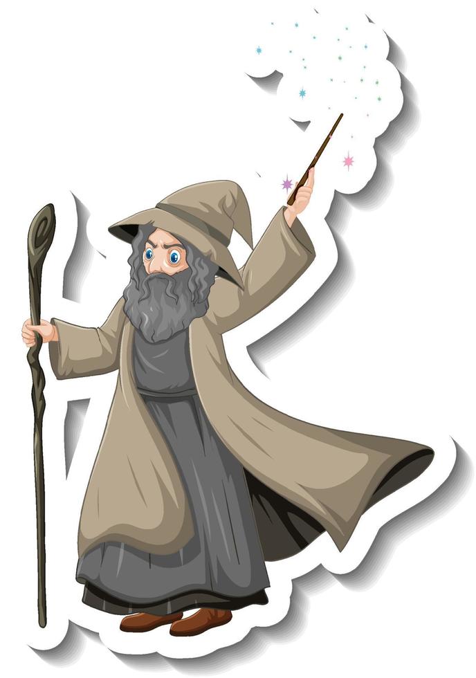 vecchio mago con bastone e bacchetta adesivo personaggio dei cartoni animati vettore