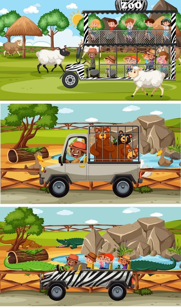 diverse scene di safari con animali e personaggi dei cartoni animati per bambini vettore