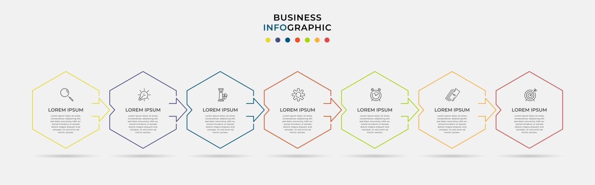 modello di business di progettazione infografica con icone e 7 opzioni o passaggi vettore