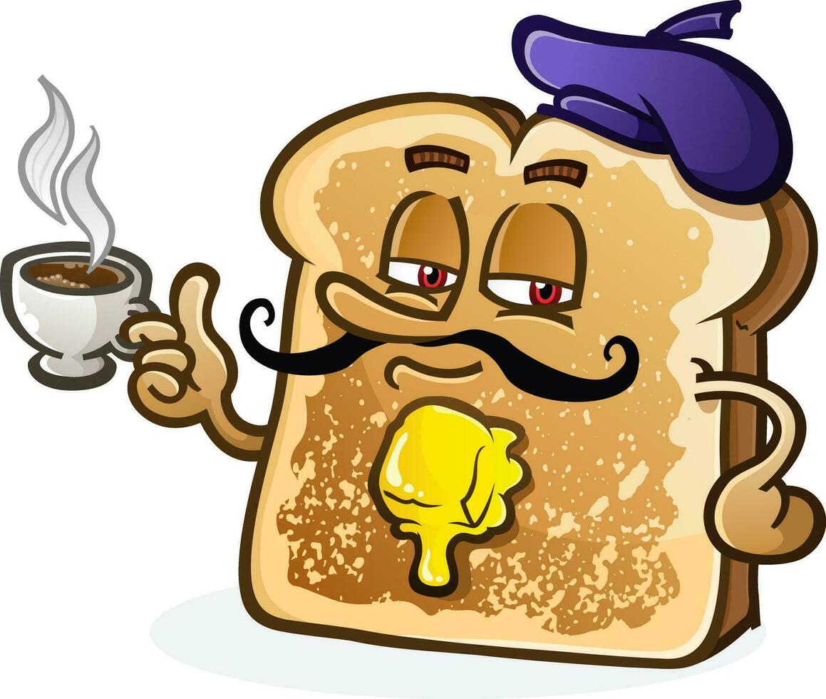 fetta di francese crostini cartone animato personaggio indossare un' berretto e potabile un' tazza di tubatura caldo francese arrosto caffè vettore