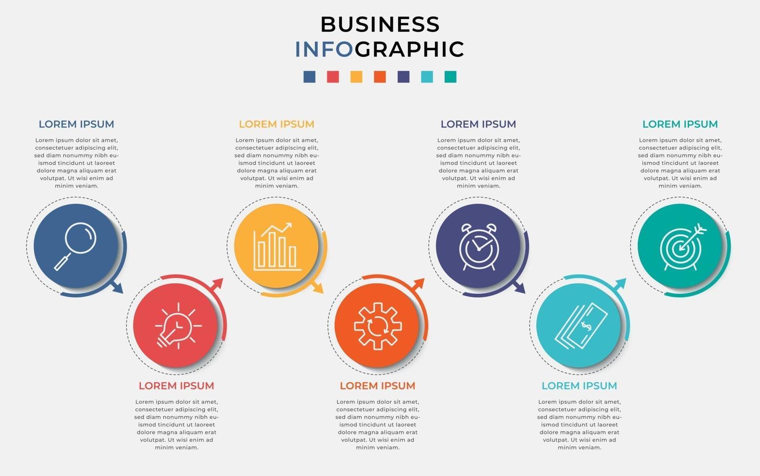 modello di business di progettazione infografica con icone e 7 opzioni o passaggi vettore