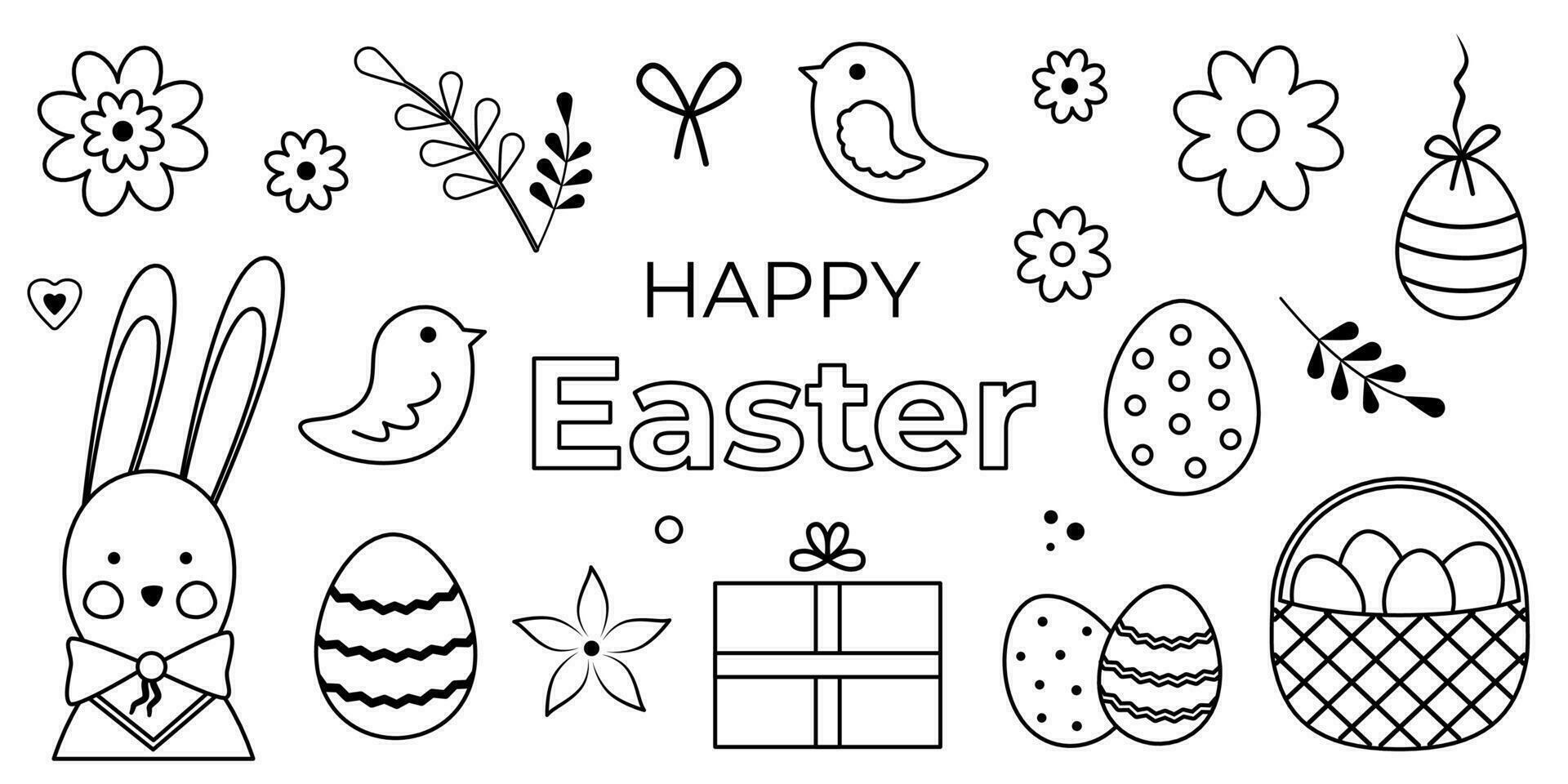contento Pasqua impostato di vacanza elementi e festivo oggetti. lineare vettore illustrazione di Pasqua uova, coniglietto, uccelli e fiori. mano disegnato scarabocchio stile. saluto testo design.